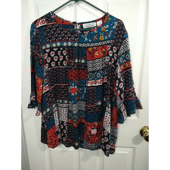 New Direction Woman's XL Blouse Patchwork Floral Boho Chic Flare 3/4 Sleeves - Picture 1 of 9